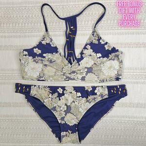 Ibiza Blue Gold Floral Bikini Set Size XL 2 Piece Swimsuit Strappy NEW